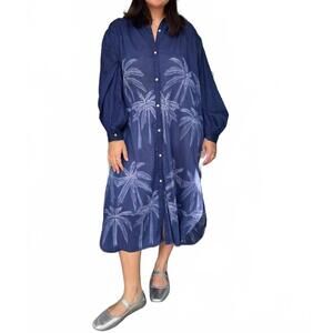 NEW NIBI luna maxi shirt dress in navy palm